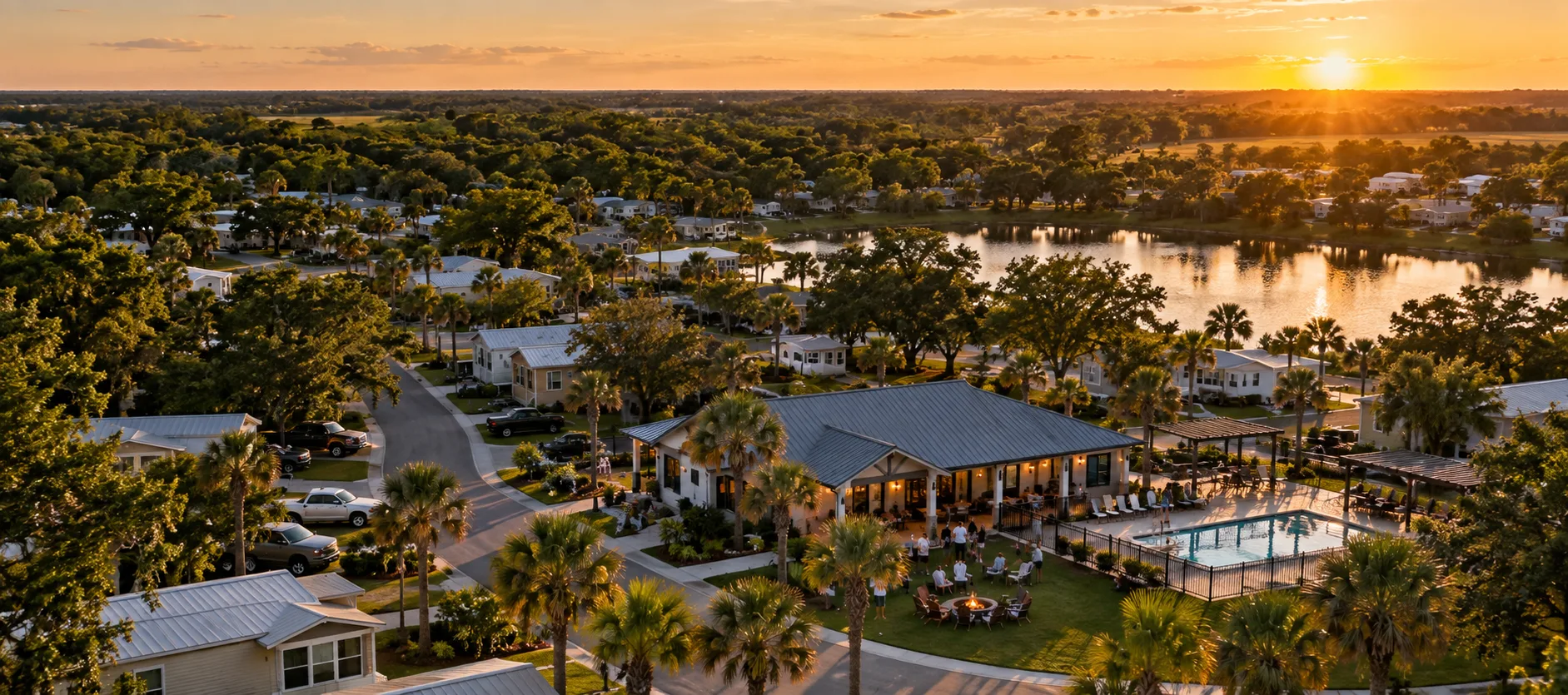 Aerial view of a lakeside manufactured housing community with a clubhouse and pool at sunset