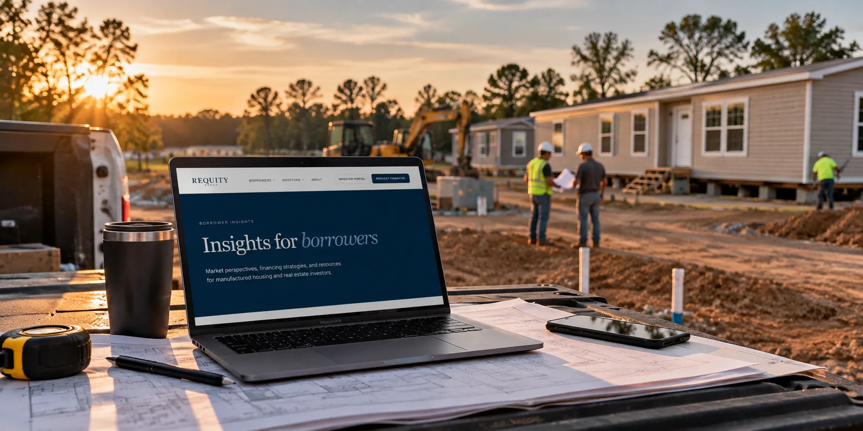Laptop showing Requity borrower insights on a truck tailgate at a manufactured home job site