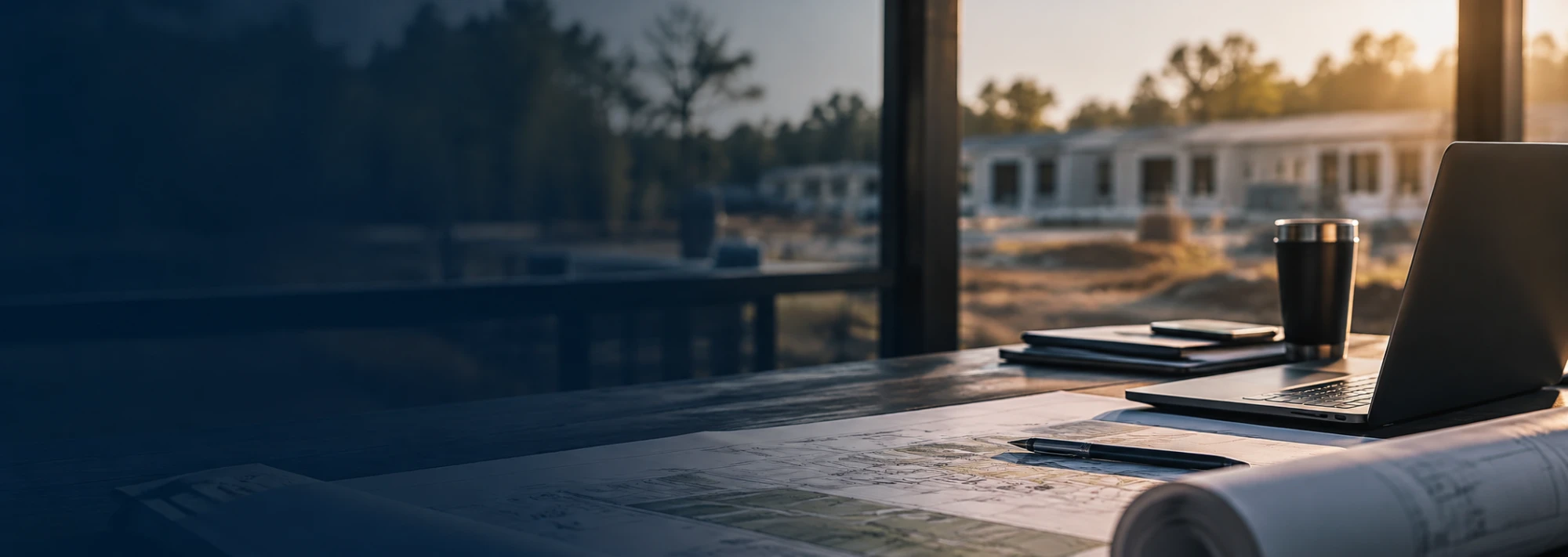 Desk with site plans and a laptop overlooking new homes under construction