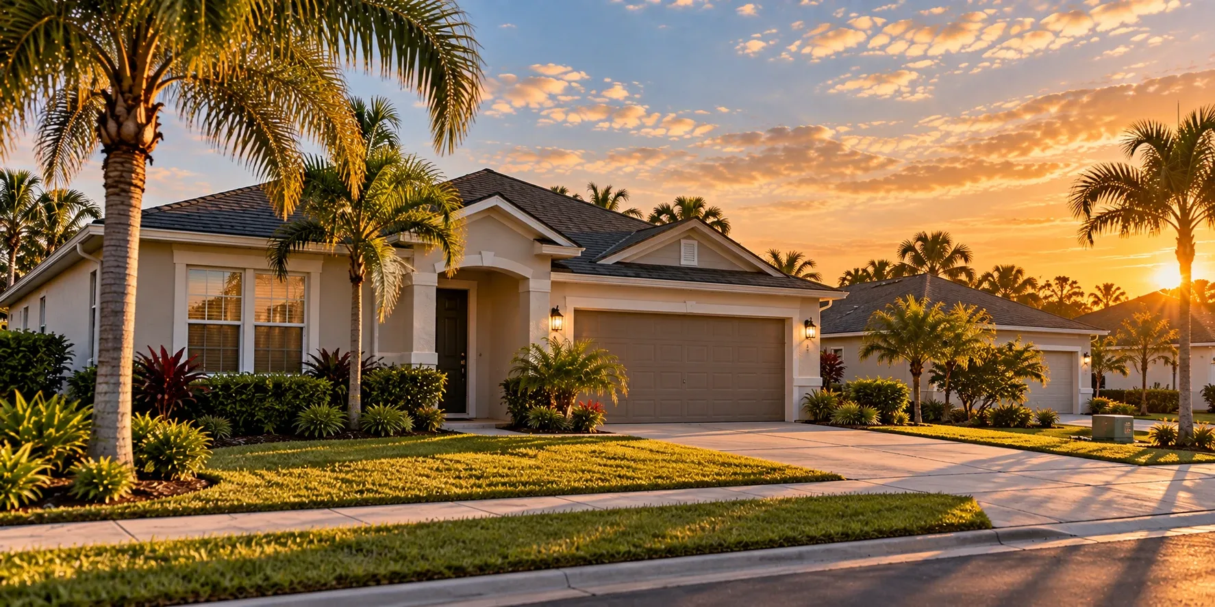 Single-family rental home with palm trees at sunset