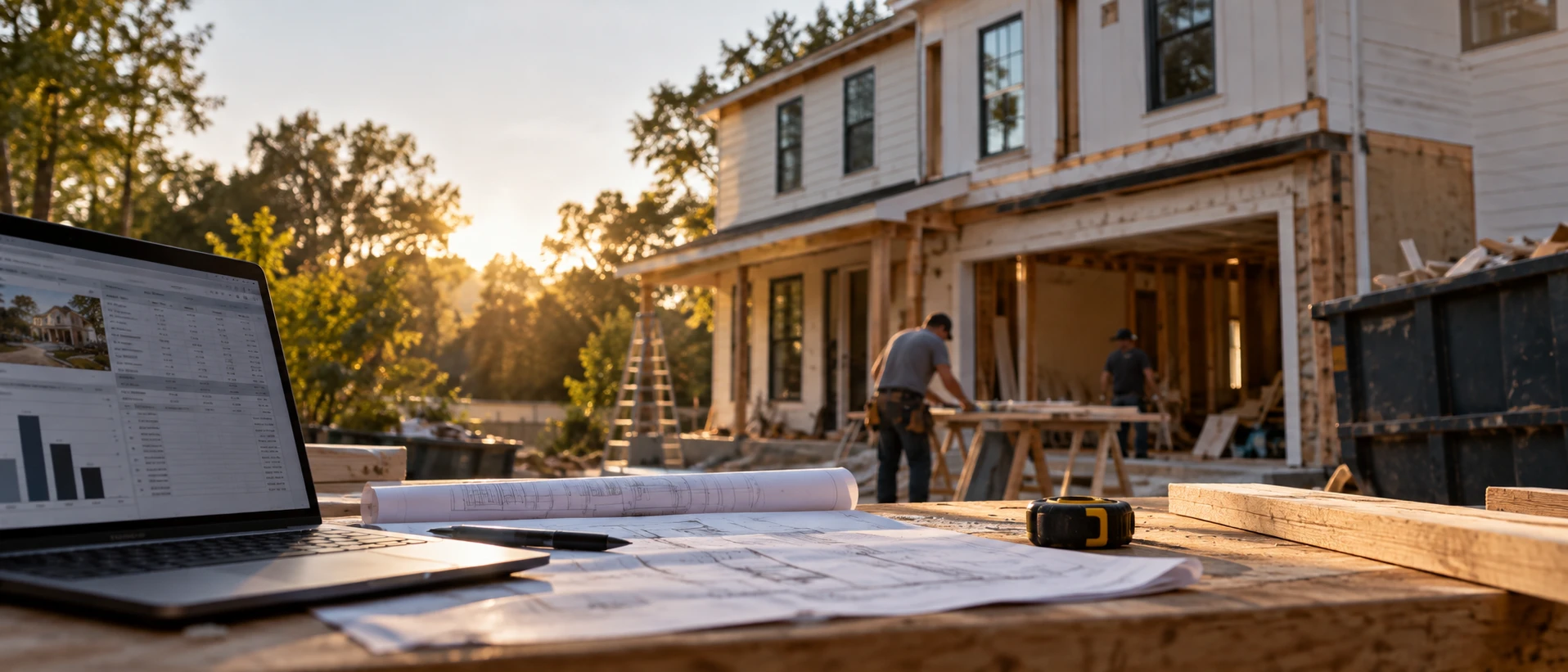 Laptop with a deal analysis next to plans and a tape measure at a house renovation site