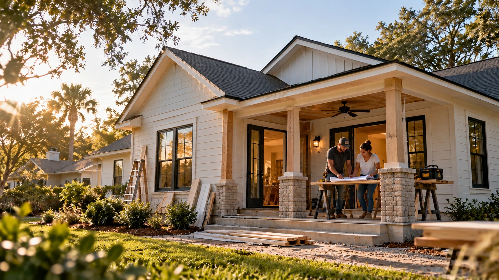 Renovated single-story home with a covered porch, two investors reviewing plans on site
