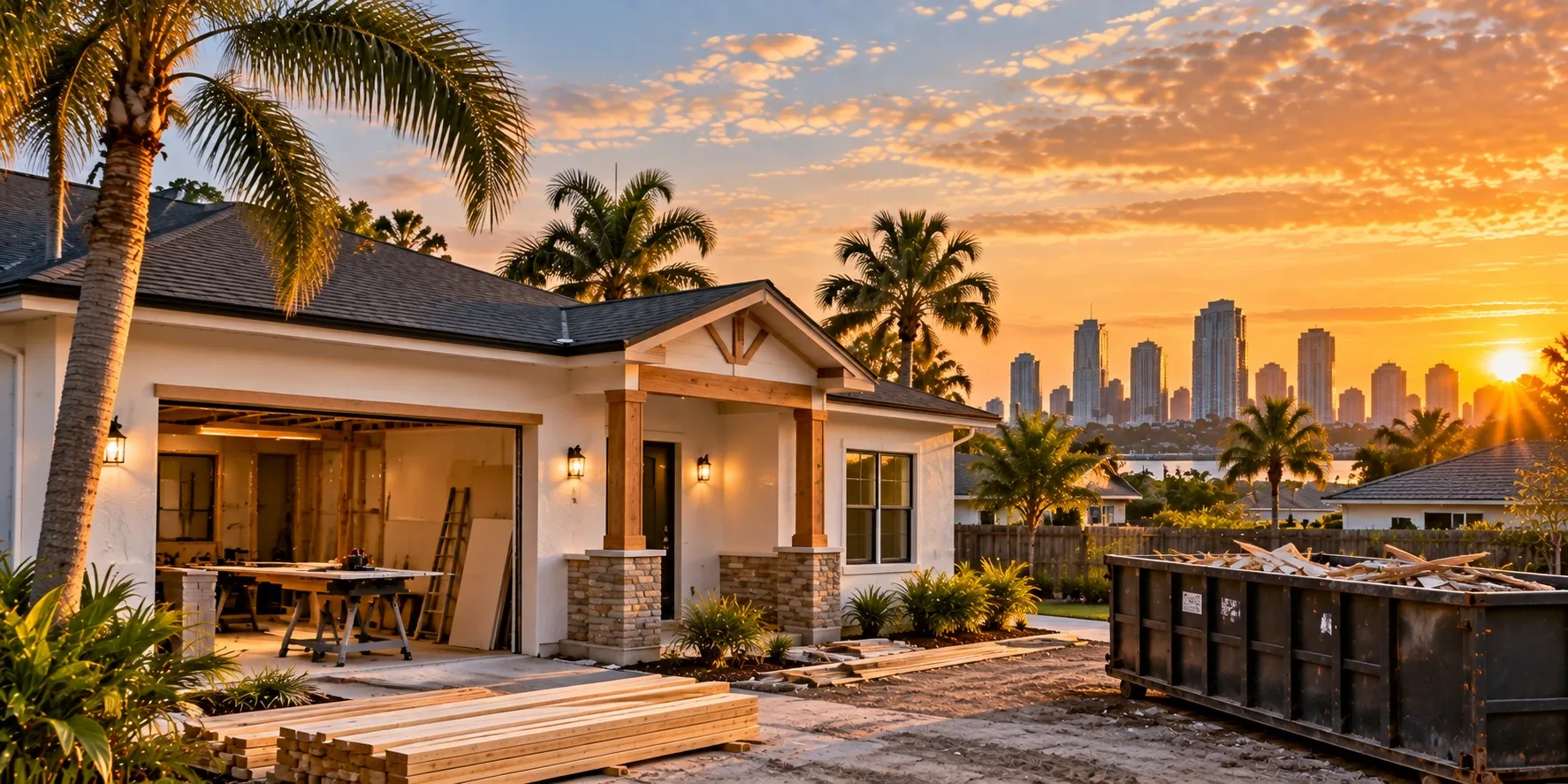Single-family home under renovation with lumber and a dumpster at sunset