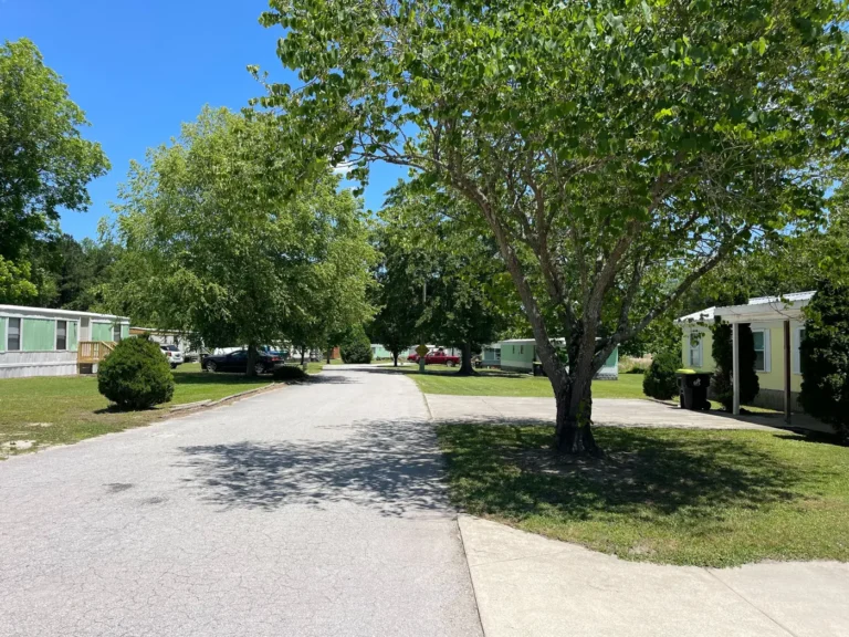 Tree-lined street at Fox Creek Mobile Home Community in Jacksonville, NC