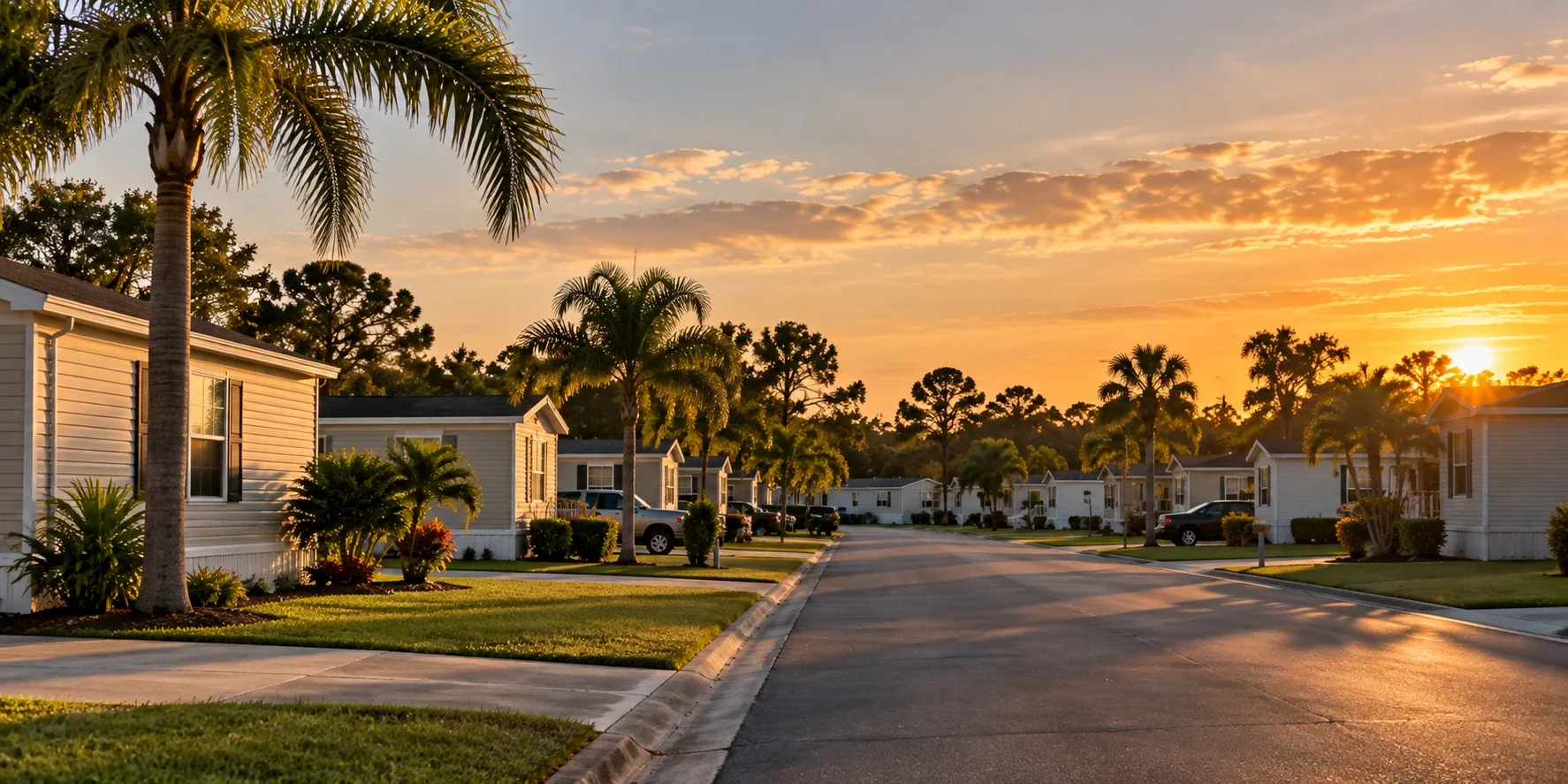 Manufactured housing community street lined with palm trees at sunset