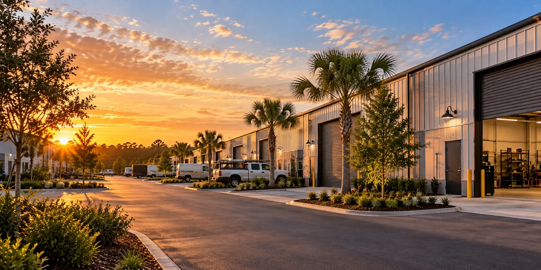 Industrial flex warehouse buildings with roll-up bay doors at sunset