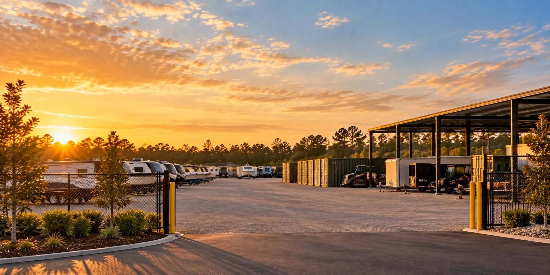 Gated industrial outdoor storage yard with RVs, boats, containers, and equipment at sunset