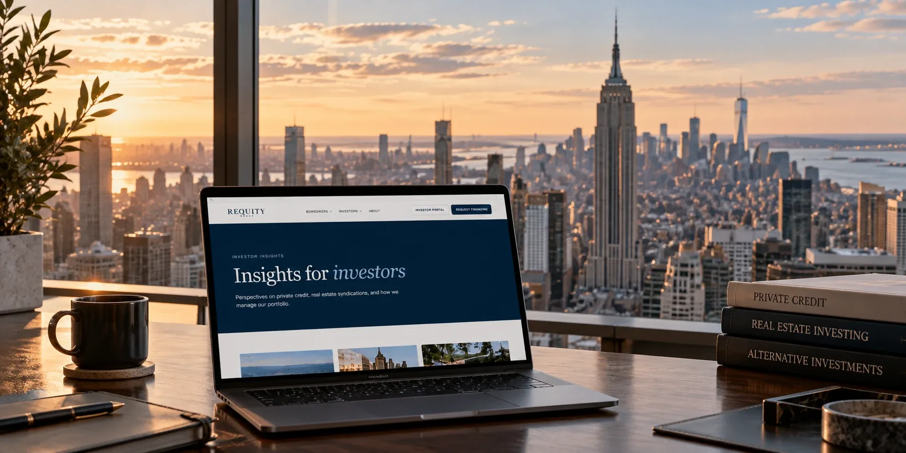 Laptop showing Requity investor insights on a desk overlooking the New York skyline at sunset