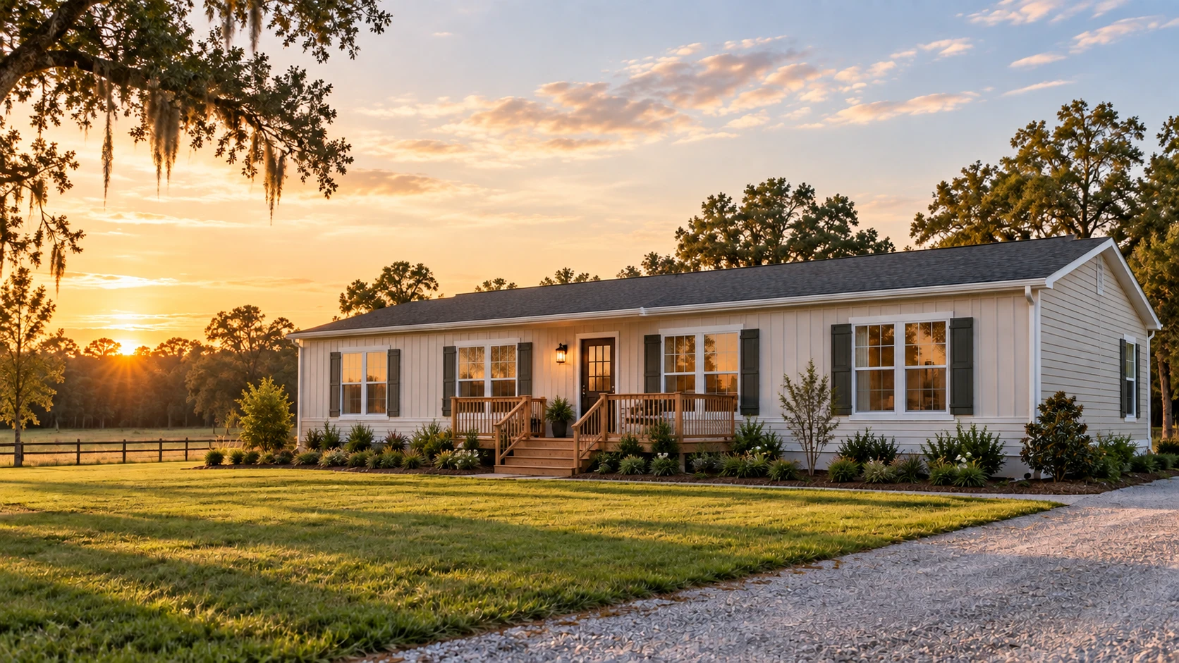 New manufactured home on a rural land parcel at sunset