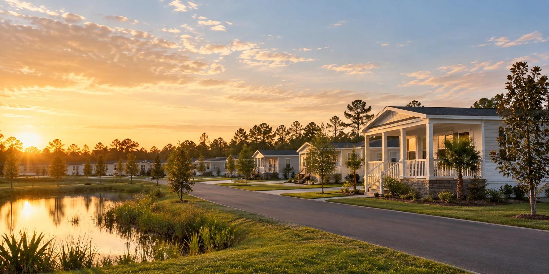 Manufactured housing community street with a pond at sunset