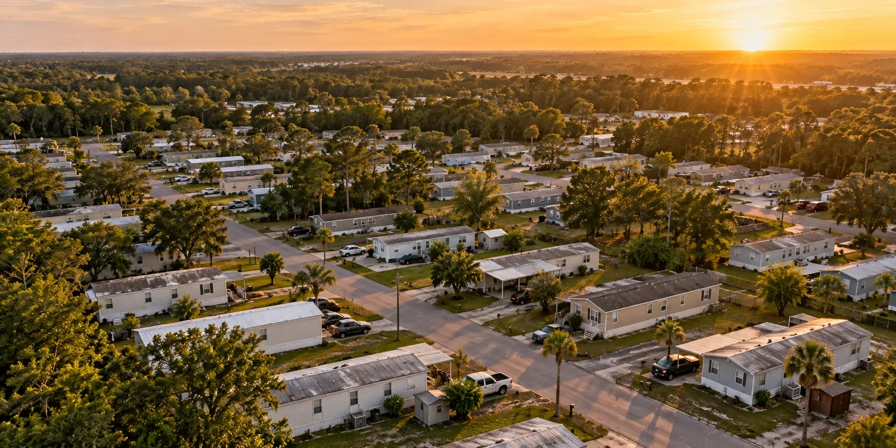 Aerial view of a manufactured housing community at sunset