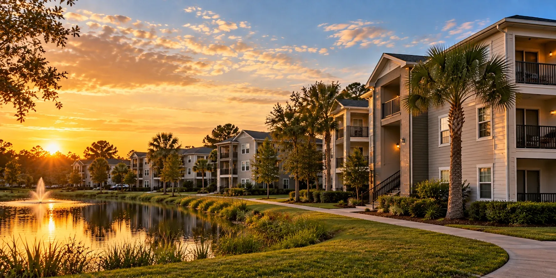 Garden-style apartment buildings beside a pond at sunset