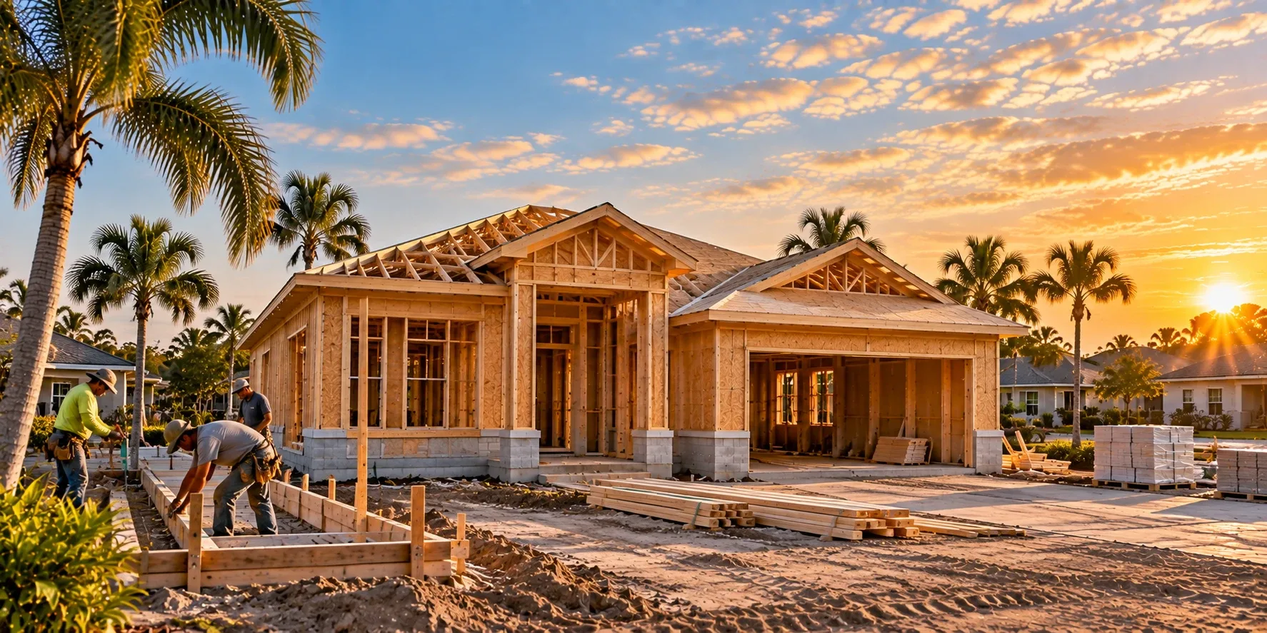 New single-family home framed during construction at sunset