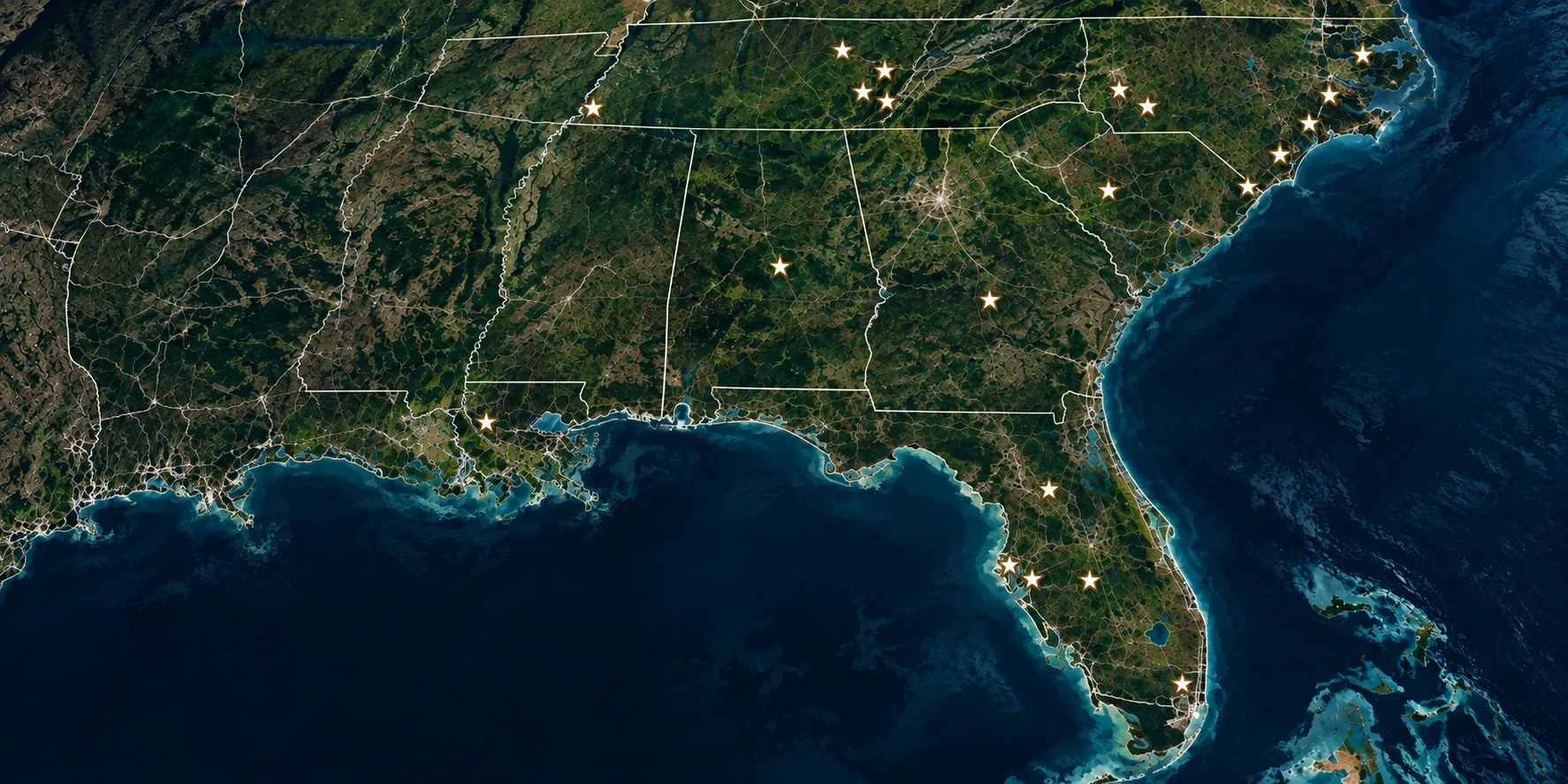 Satellite map of the southeastern United States with stars marking Requity portfolio properties