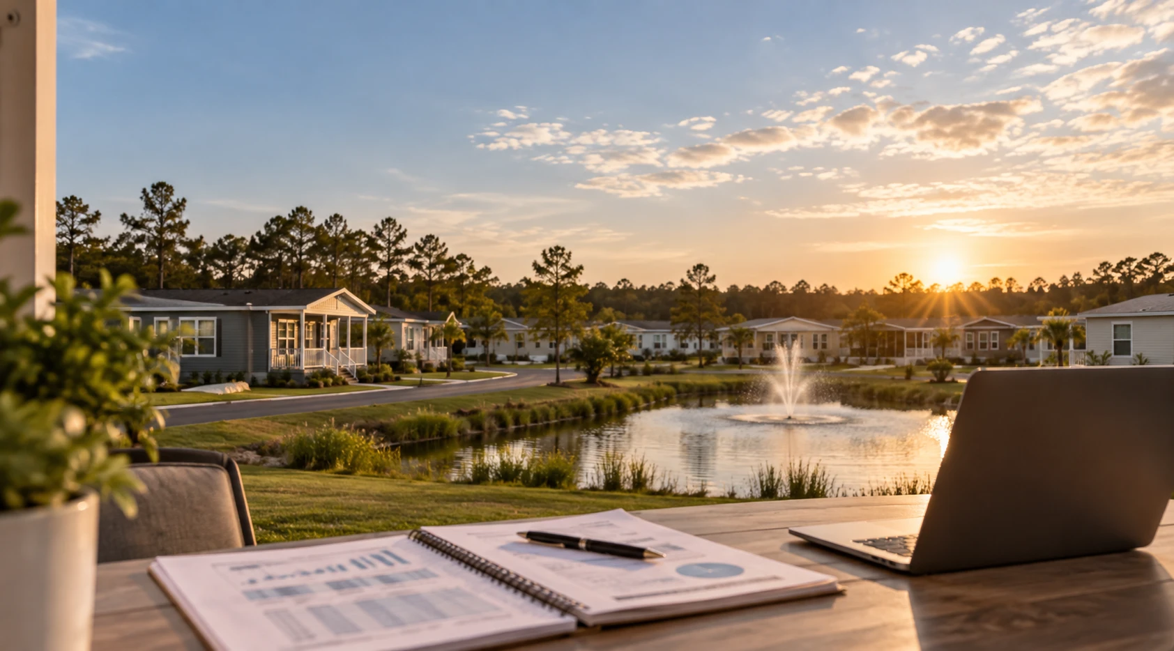Manufactured home community with a fountain pond at sunset, viewed from a desk with fund reports and a laptop