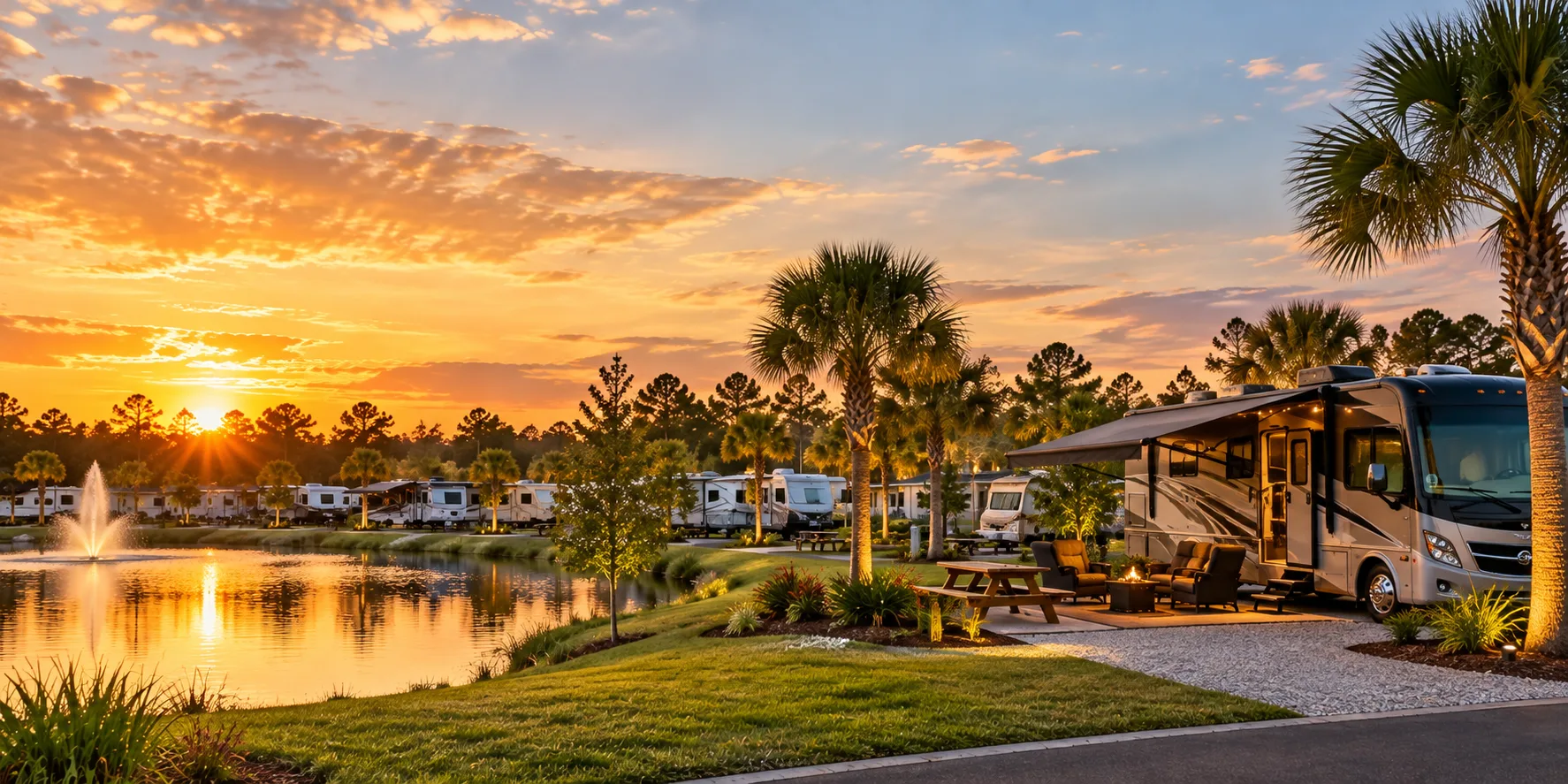 RV resort with lakeside campsites and palm trees at sunset