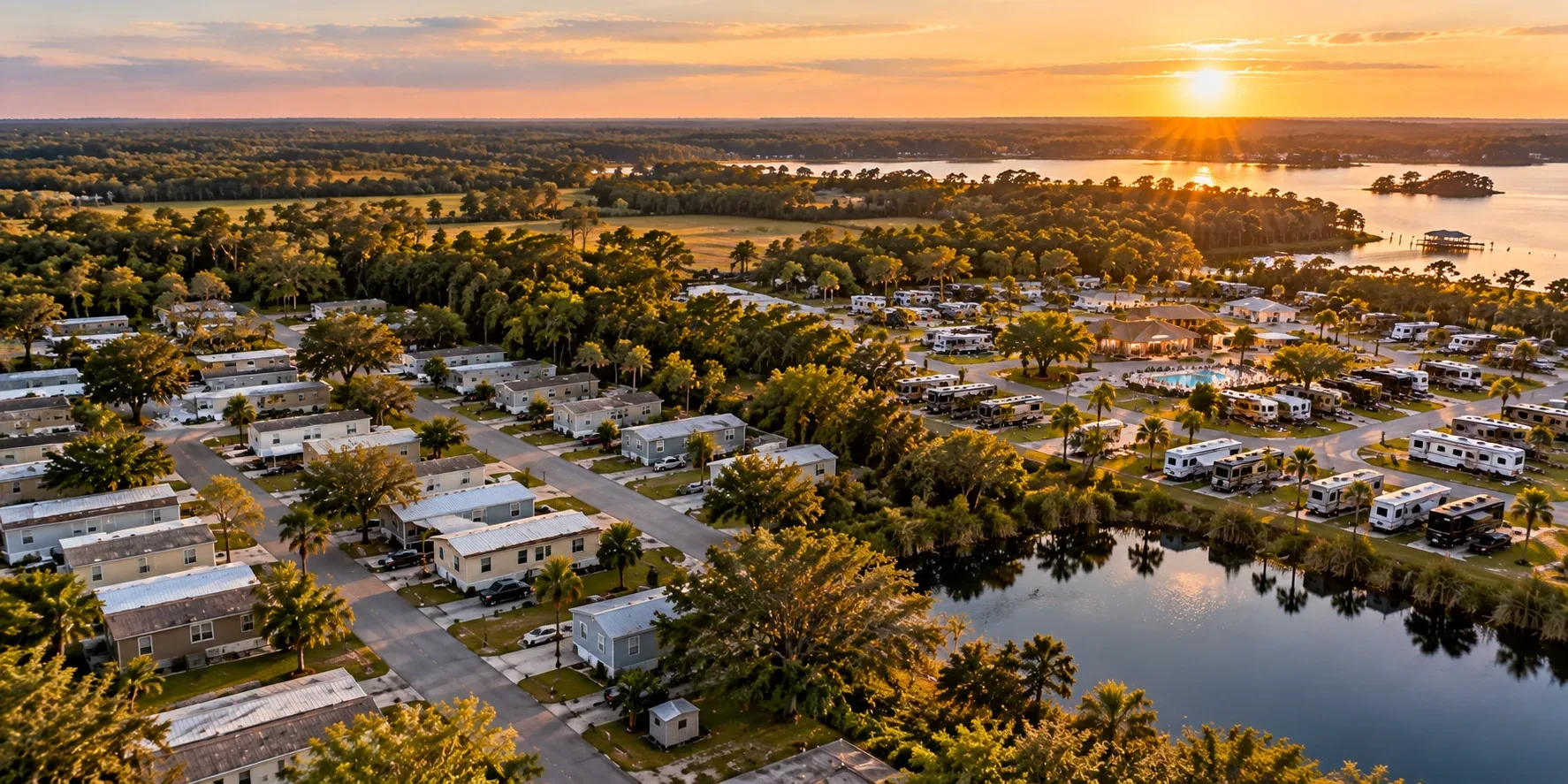 Aerial view of a manufactured housing community next to a lakeside RV resort at sunset