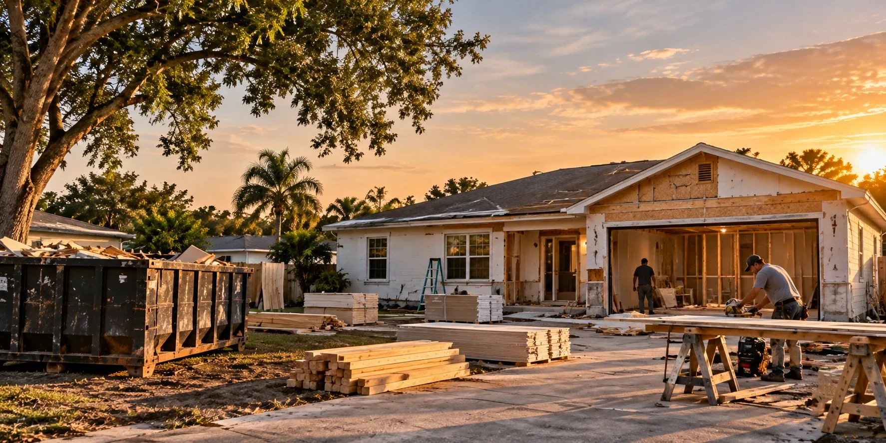 Distressed house mid-renovation with lumber, a dumpster, and workers at sunset